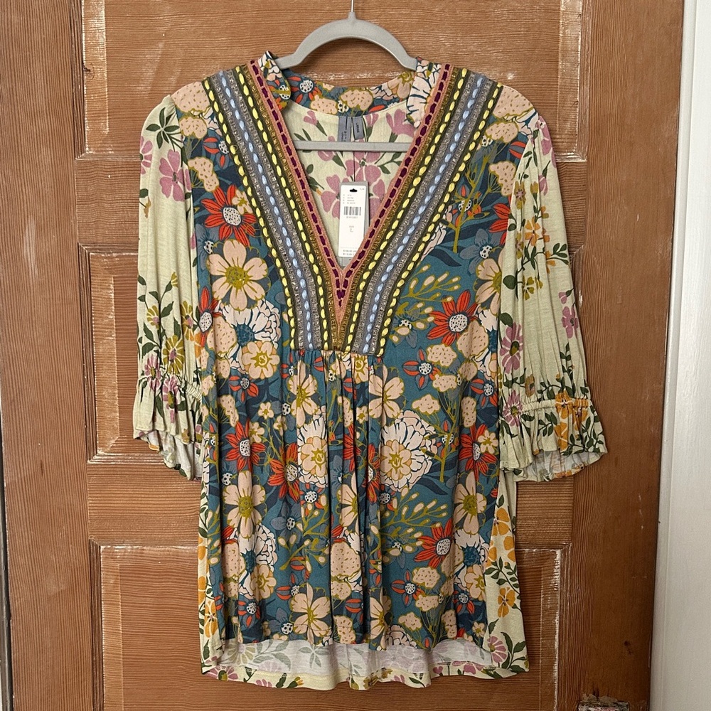 Anthropologie Bl^nk London Stephanie Blouse Bohemian Floral V-Neck Blouse